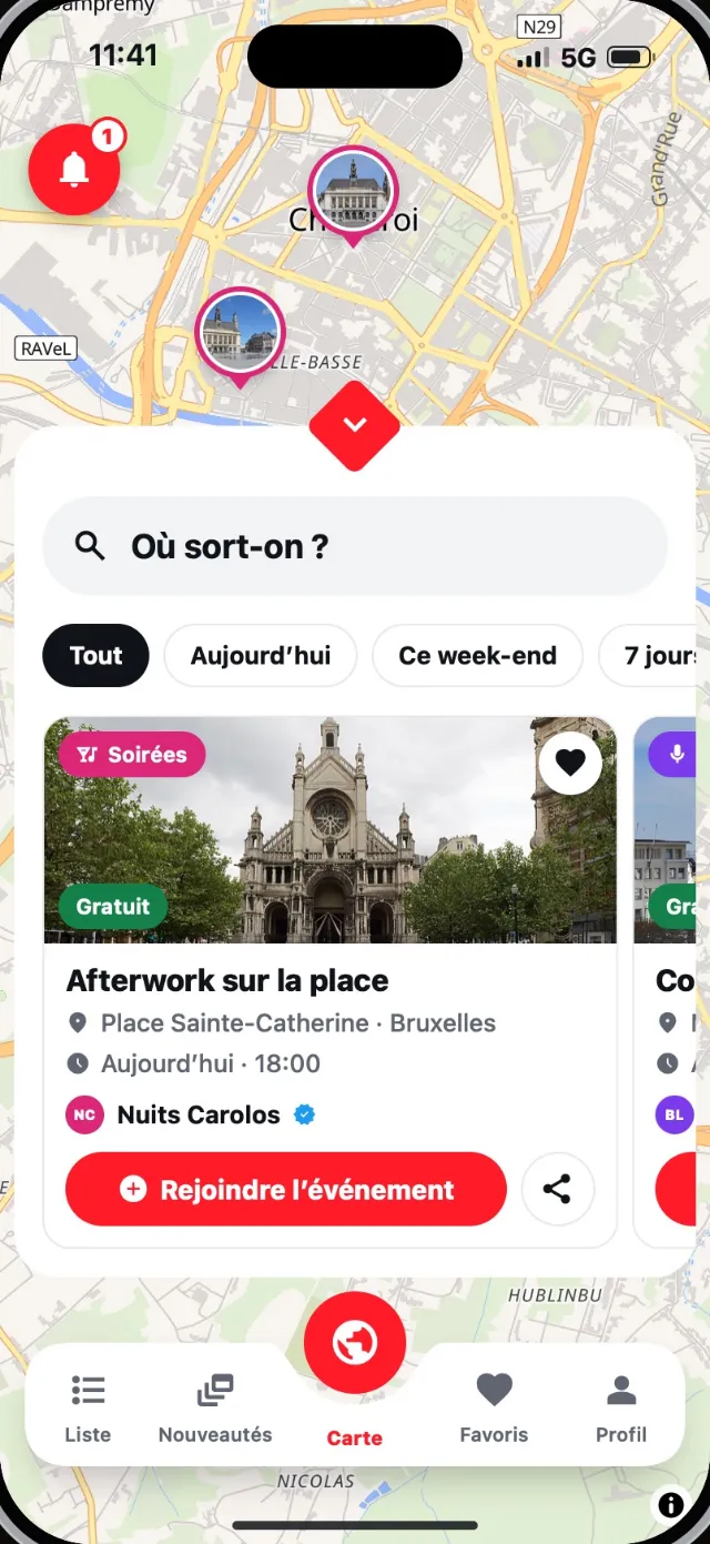 La carte de Get Event avec les événements autour de Charleroi